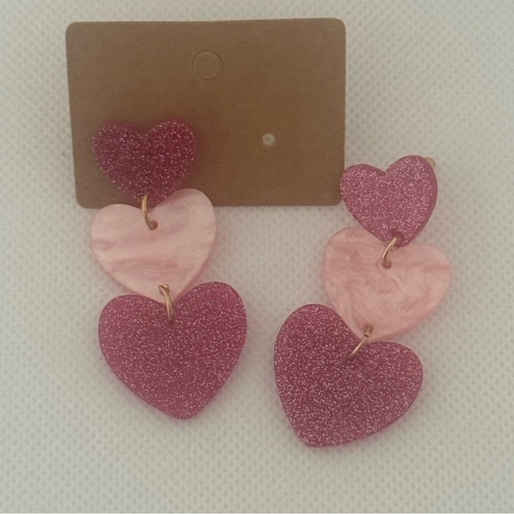 Pink & Purple Glitter Heart Dangle Earrings – Triple Drop Statement – NWT - Picture 2 of 4